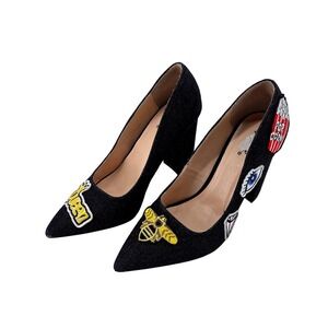 Qupid Queen Bee Patch 4 Inch Block‎ Heels Pumps Black Denim Women's 8.5